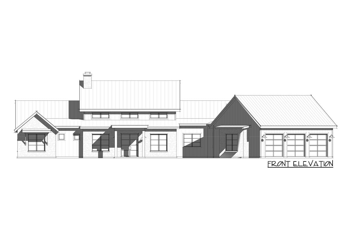 Front elevation sketch of a modern farmhouse. Features include a gabled roof, large windows, porch, and a three-car garage to the right.