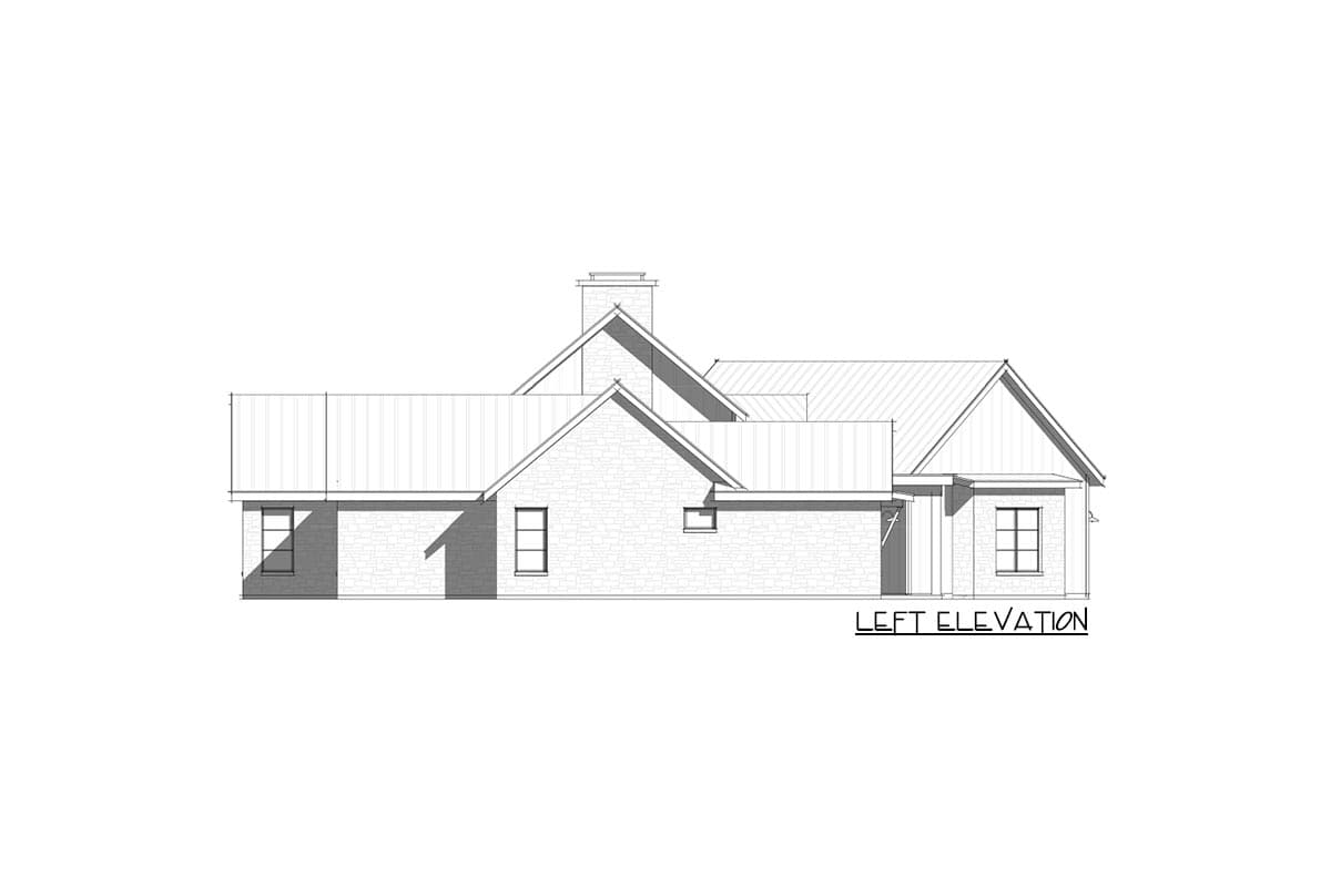 A pencil sketch of a house, showcasing its left elevation. The design features various roof levels, brick and siding details, and several windows.