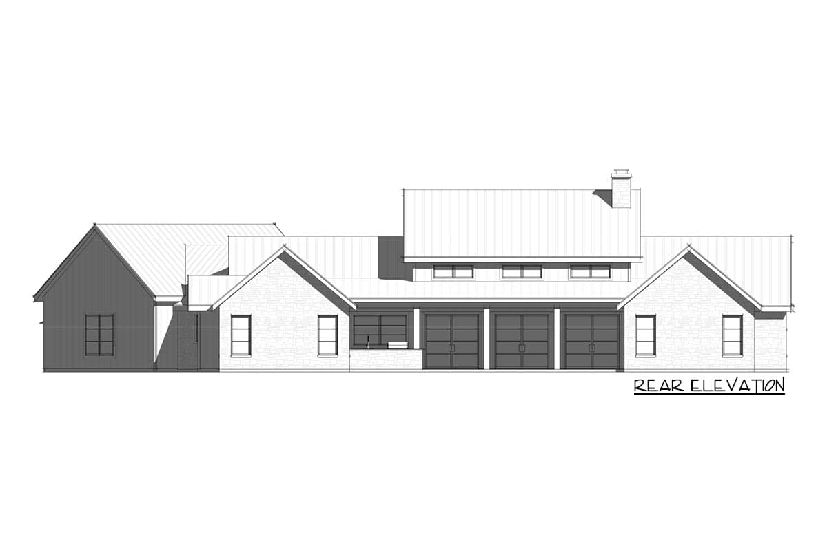 Architectural rendering of a modern home's rear elevation. The drawing depicts a multi-sectioned house with a combination of stone and siding.