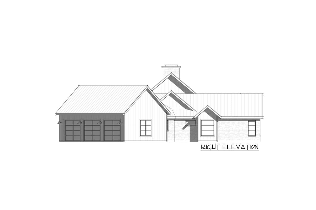 Architectural rendering of a house, right elevation view. Features a garage, multiple gabled rooflines, and a brick facade with windows.