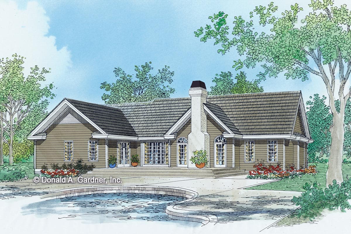 House plan exterior of a single-story home with a prominent stone chimney, hip roof, and wide front porch with numerous windows.