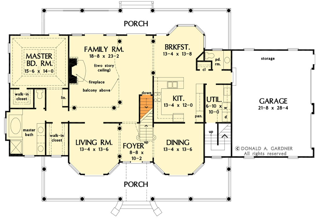 Plan 444331GDN: 4-Bed Twin-Gabled Farmhouse with 50'-Wide Porches Front and Back - Floor Plan - Main Level - Basement Stair Location - Country, Farmhouse, Modern Farmhouse, New American, Traditional