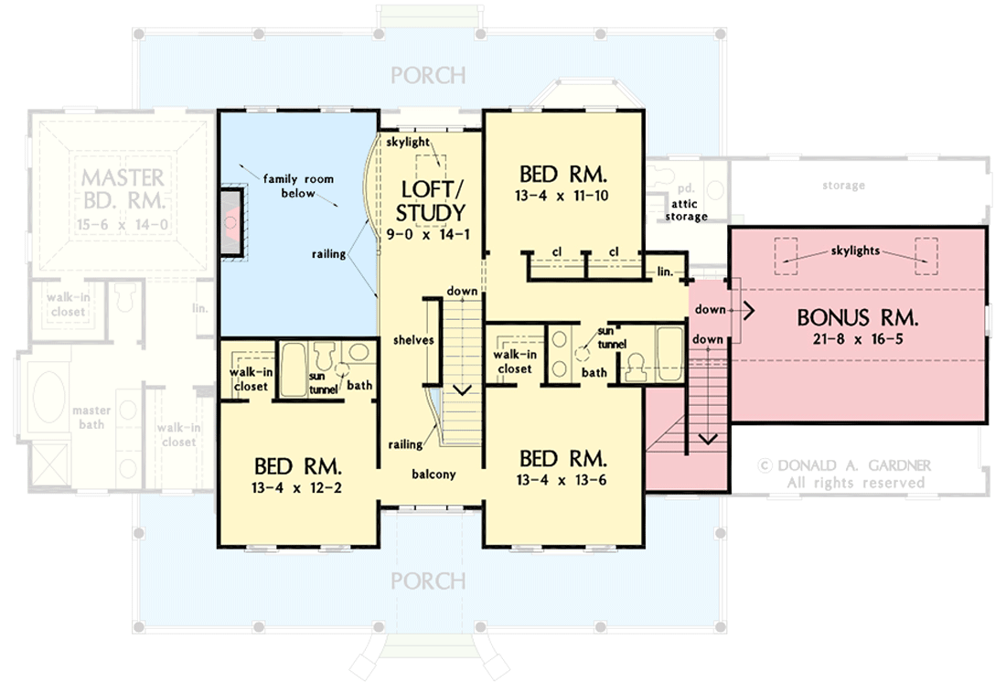 Plan 444331GDN: 4-Bed Twin-Gabled Farmhouse with 50'-Wide Porches Front and Back - Floor Plan - 2nd Floor w/ Optionally Finished Bonus Room - Country, Farmhouse, Modern Farmhouse, New American, Traditional