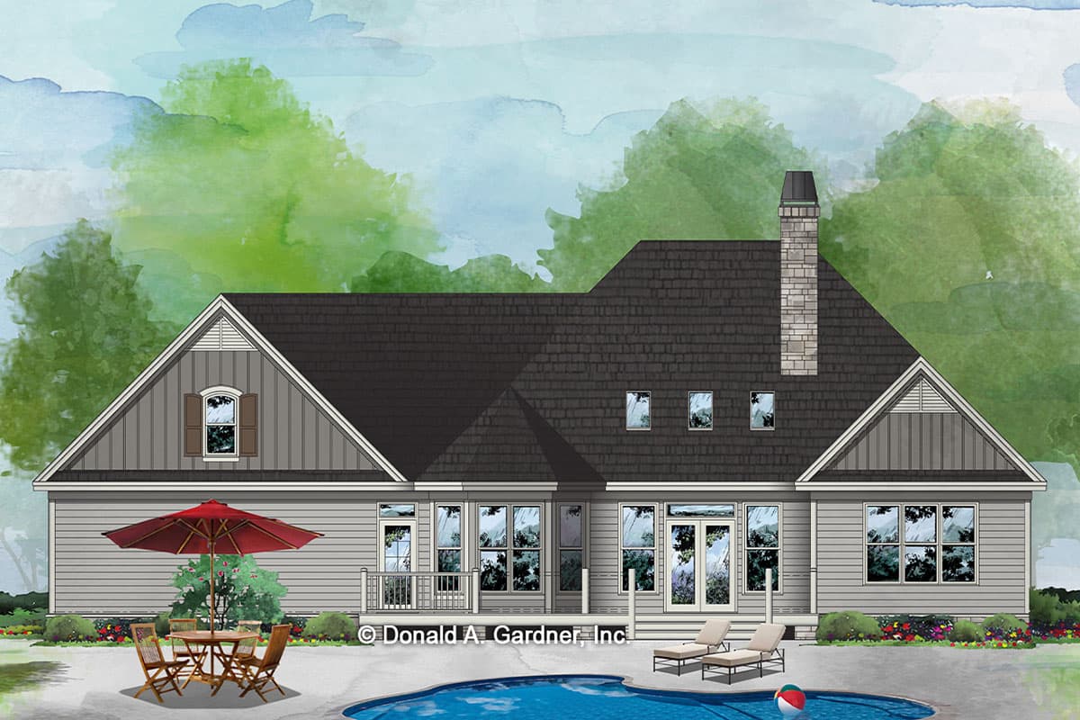 House plan exterior, one story, featuring gabled dormers, a prominent stone chimney, and a rear deck overlooking a pool.