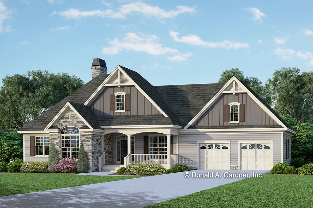House plan exterior. Craftsman style, one-story home with a gabled roofline, stone facade, front porch, and two-car garage.