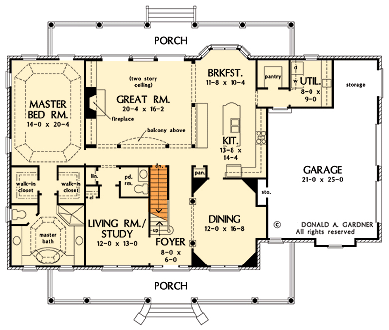 Plan 444335GDN: Traditional Farmhouse Plan with Main-floor Master Bedroom - Floor Plan - Main Level - Basement Stairs Location - Country, Farmhouse, Traditional