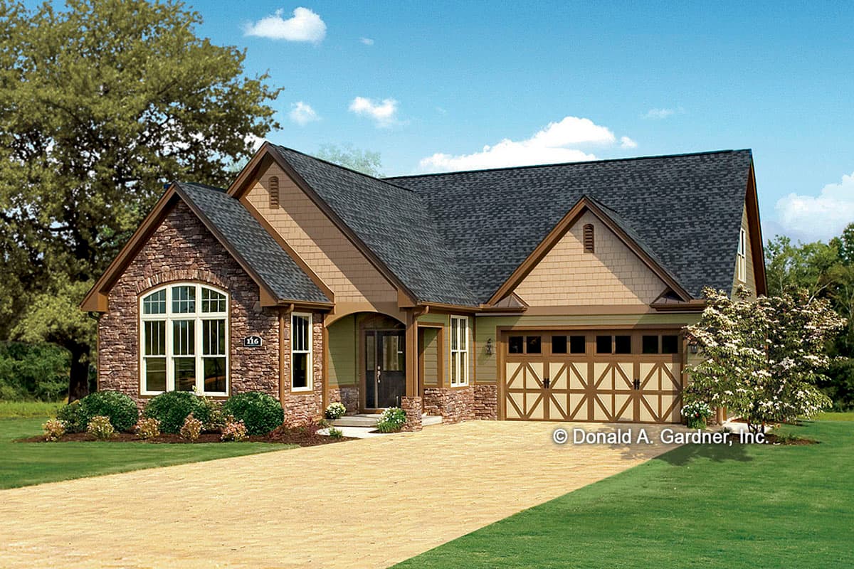 House plan exterior. Single-story Craftsman home with a stone facade, gabled roof, and attached garage. Includes a covered front entry.