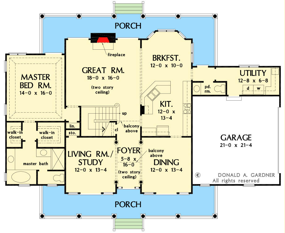 Plan 444337GDN: Traditional Country Home Plan with Matching Front and Rear Porches - Floor Plan - Main Level - Country, Farmhouse, Traditional