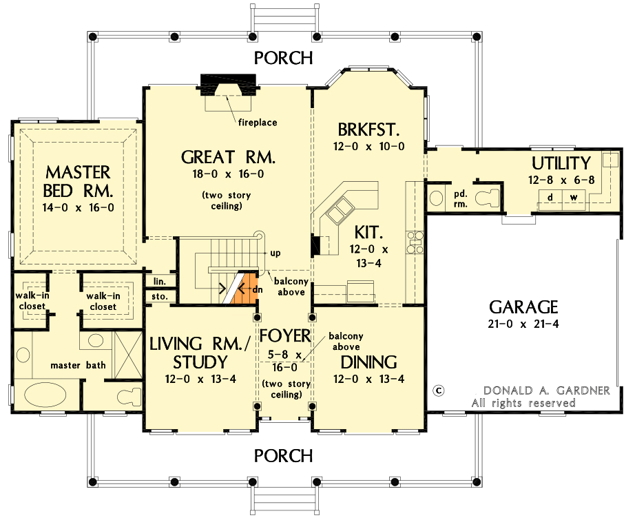 Plan 444337GDN: Traditional Country Home Plan with Matching Front and Rear Porches - Floor Plan - Main Level - Basement Stairs Location - Country, Farmhouse, Traditional