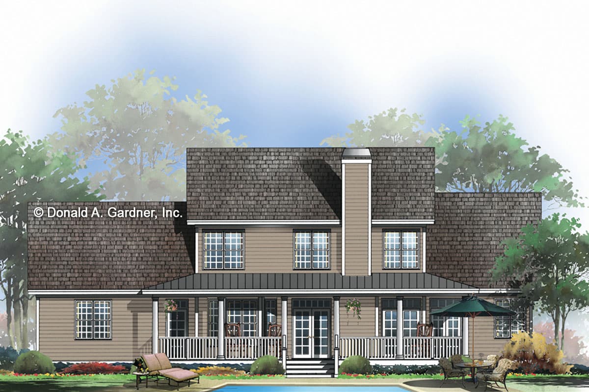 House plan exterior rendering of a two-story home with a wrap-around porch, central chimney, and multi-gabled roof.