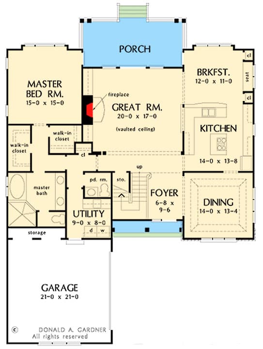 Plan 444338GDN: 3 Bed House Plan with Old World Charm and a 2-Story Great Room - Floor Plan - Main Level - Colonial, European, French Country, Southern, Traditional