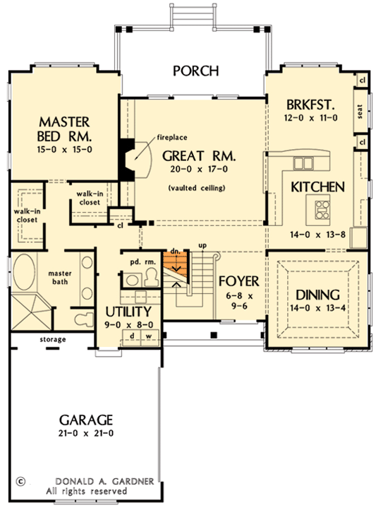 Plan 444338GDN: 3 Bed House Plan with Old World Charm and a 2-Story Great Room - Floor Plan - Main Level - Basement Stairs Location - Colonial, European, French Country, Southern, Traditional