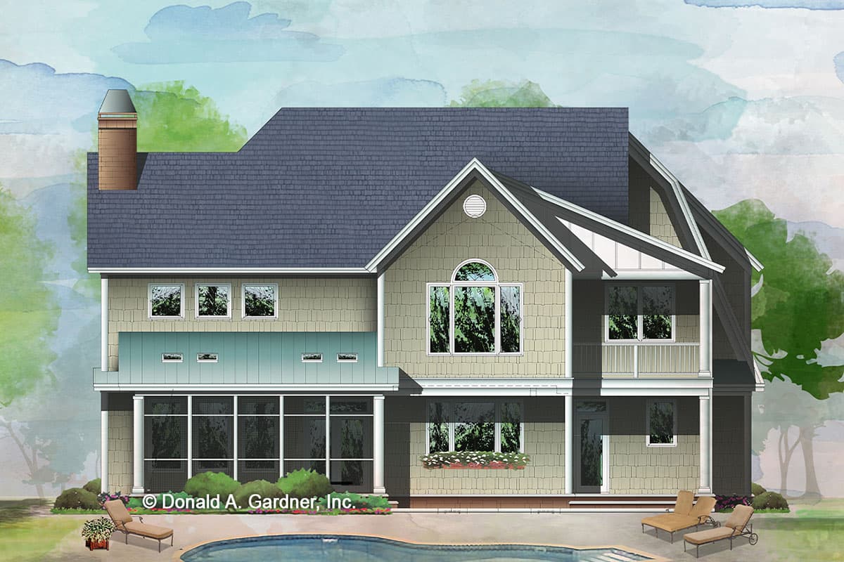 House plan exterior: two-story home with multiple gables, a prominent chimney, arched window, and screened porch.