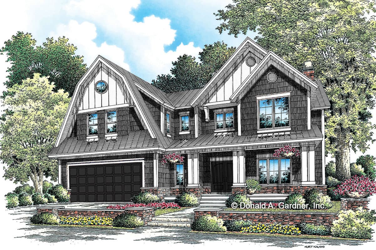 House plan exterior with two stories and Craftsman style. Features include gabled roof, dormers, porch with columns, and attached garage.