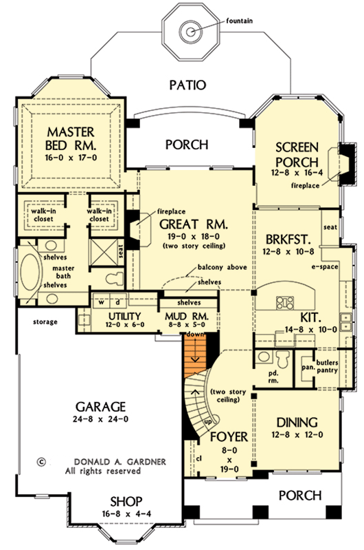 Plan 444345GDN: 4-Bedroom 2901 Square Foot House Plan with 2-Story Foyer and Great Room  - Floor Plan - Main Level - Basement Stairs Location - Traditional