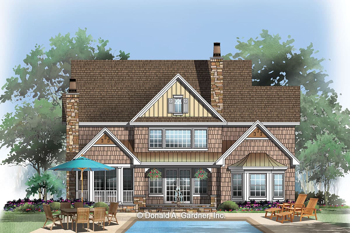 House plan exterior: Two-story home with multiple gables, stone chimney, and covered porch with double doors.