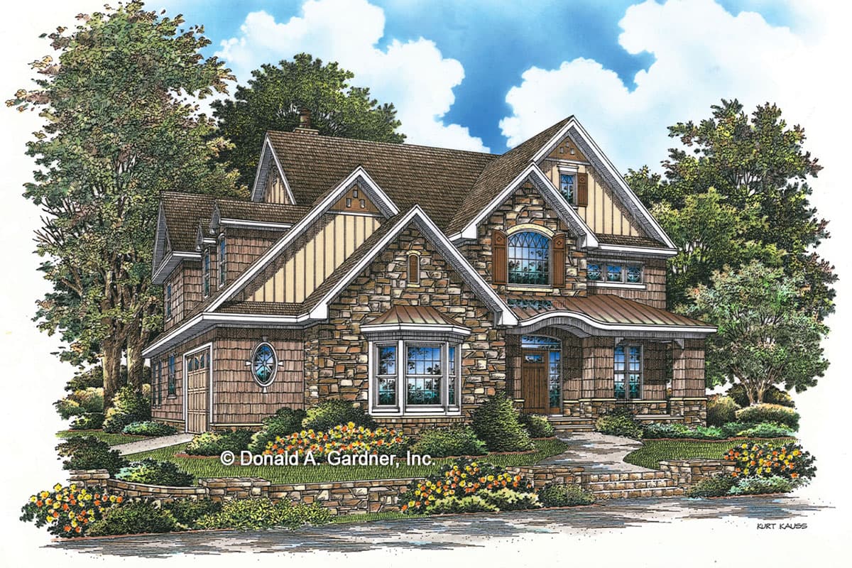 House plan exterior featuring Craftsman style, two stories, gabled roof, stone facade, and covered front porch.