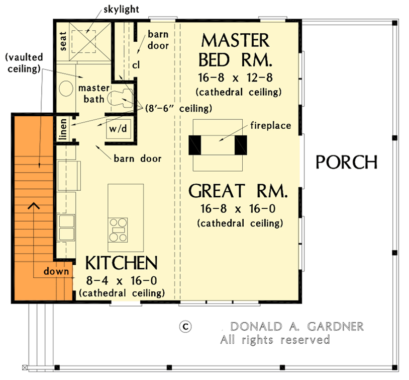 Plan 444351GDN: Tiny One Bedroom Cabin with Wraparound Porch - Floor Plan - Main Level - Basement Stairs Location - Cabin, Mountain, Rustic, Vacation