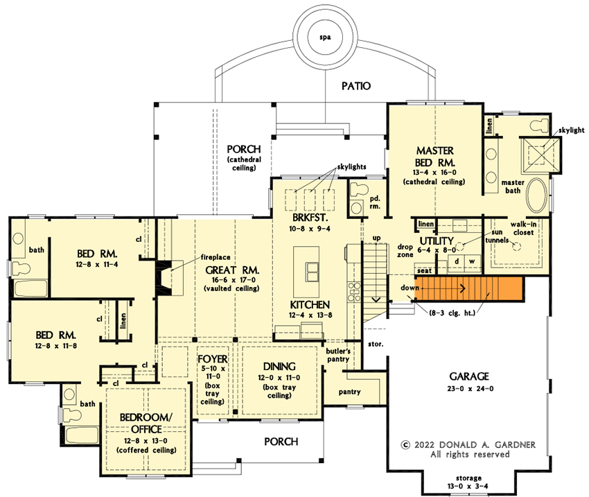 Plan 444352GDN: 2300 Sq Ft Modern Farmhouse with Home Office Option and Bonus Expansion - Floor Plan - Main Level - Basement Stairs Location - Country, Farmhouse, Modern Farmhouse, New American, Traditional