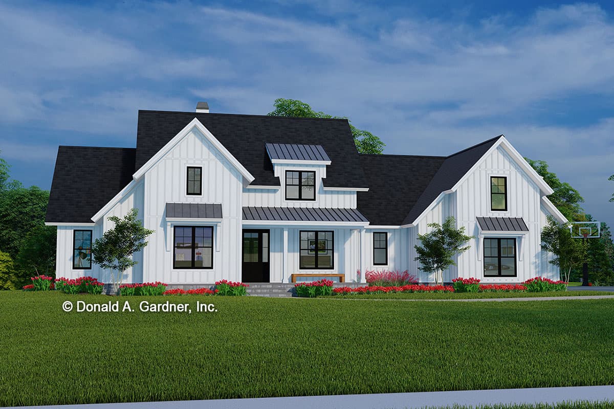 House plan exterior. Modern Farmhouse style with gabled roof, dormers, and front porch. Two-story structure with board and batten siding.