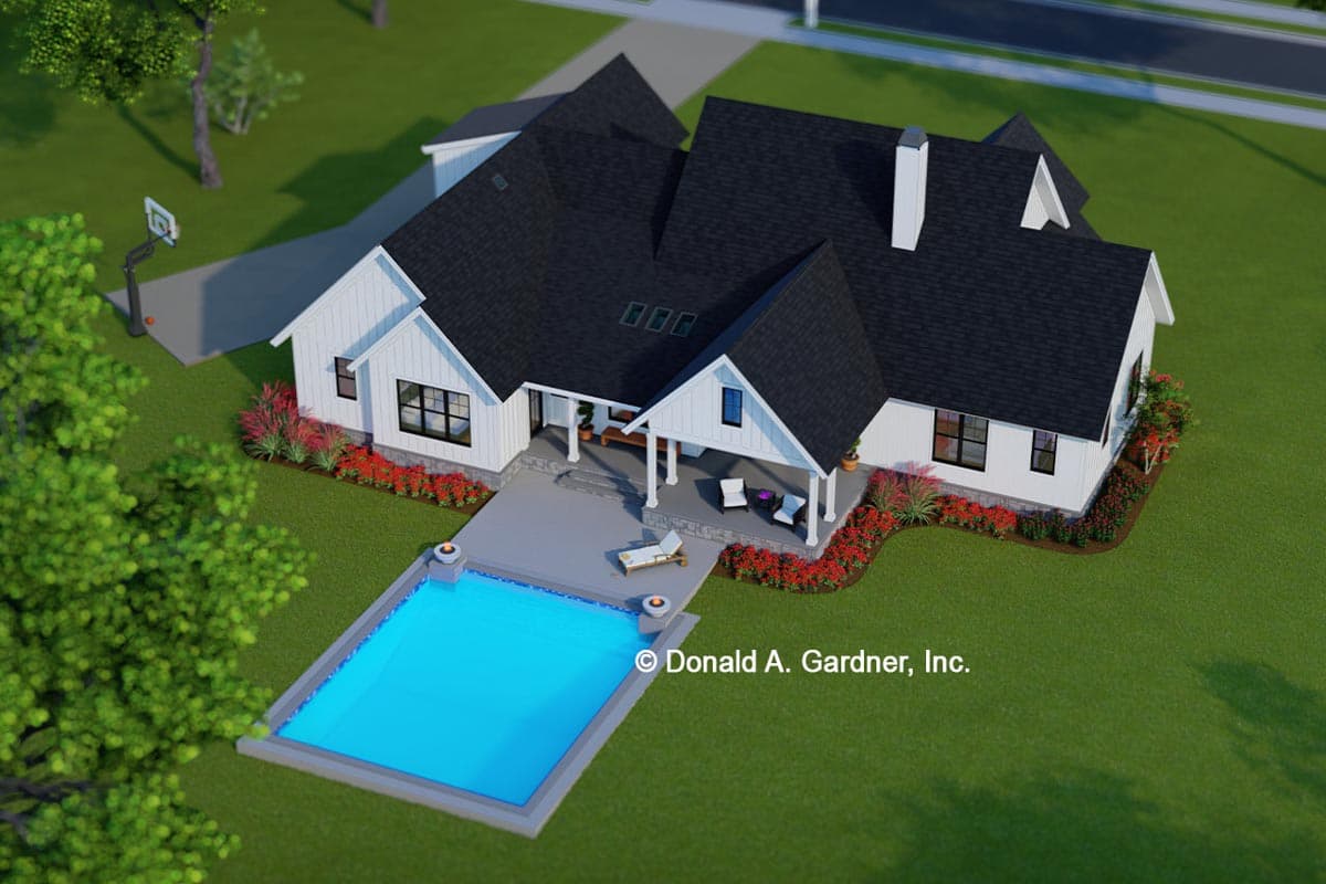 House plan exterior of a Modern Farmhouse style home with a covered front porch, multiple gables, and a swimming pool.