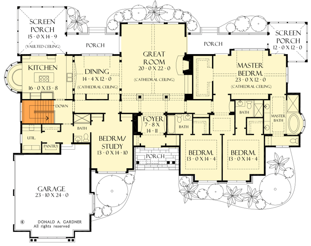 Plan 444354GDN: 3200 Square Foot One-Story Craftsman House Plan Designed for Rear Views - Floor Plan - Main Level - Basement Stairs Location - Country, Craftsman, Ranch