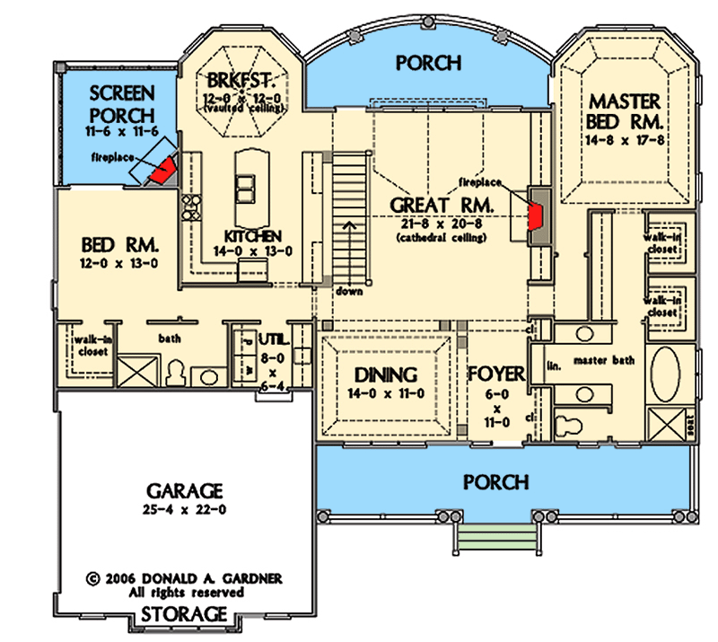 Plan 444341GDN: 3-Bed Gambrel-Dormered House Plan for a Rear-Sloping Lot - Floor Plan - Main Level - Colonial, Country, Shingle, Traditional