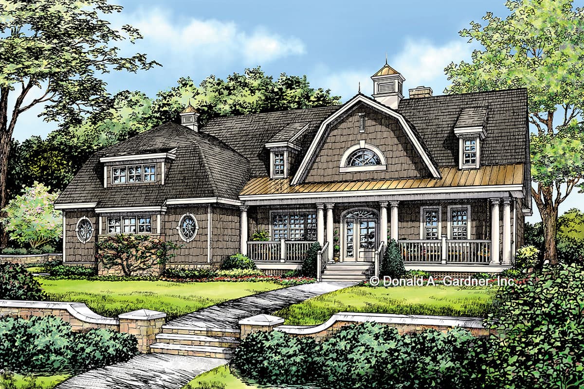 House plan exterior featuring a two-story Craftsman-style home with a front porch, gables, dormers, and a prominent roofline.