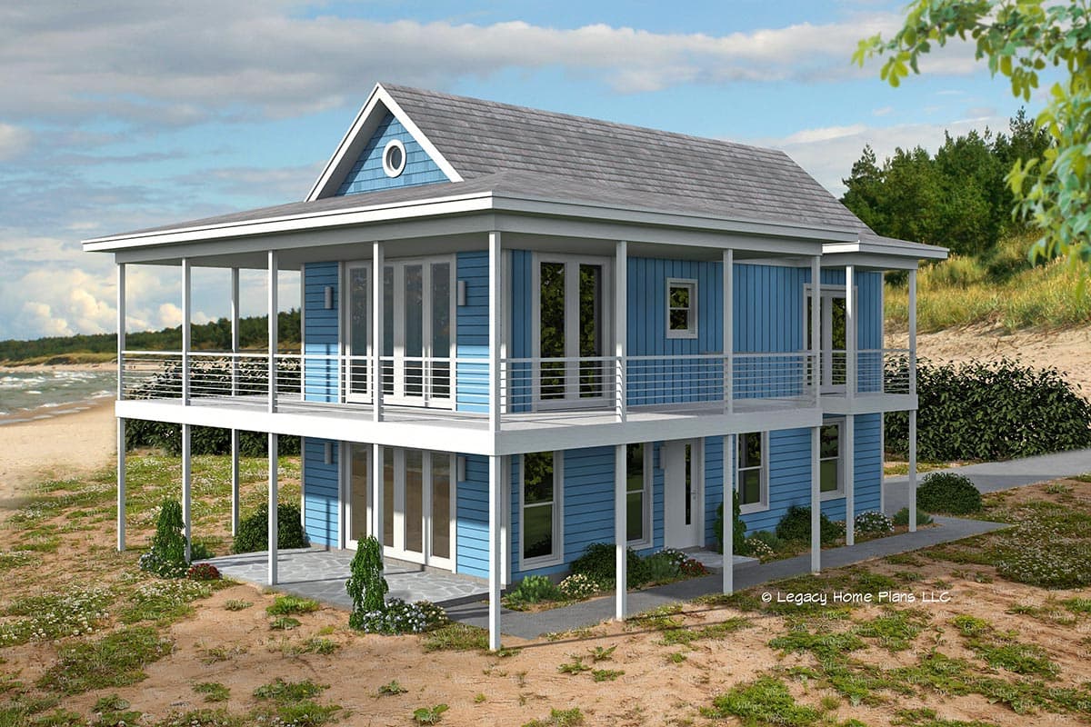 House plan exterior. Two-story beach house with a gabled roof, wrap-around porch, and multiple glass doors with a light blue exterior.