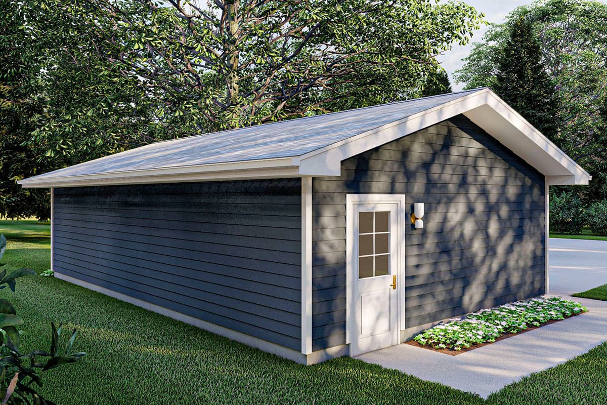 House plan exterior of a single-story garage with dark gray horizontal siding, a white-trimmed gable end, and a white door.