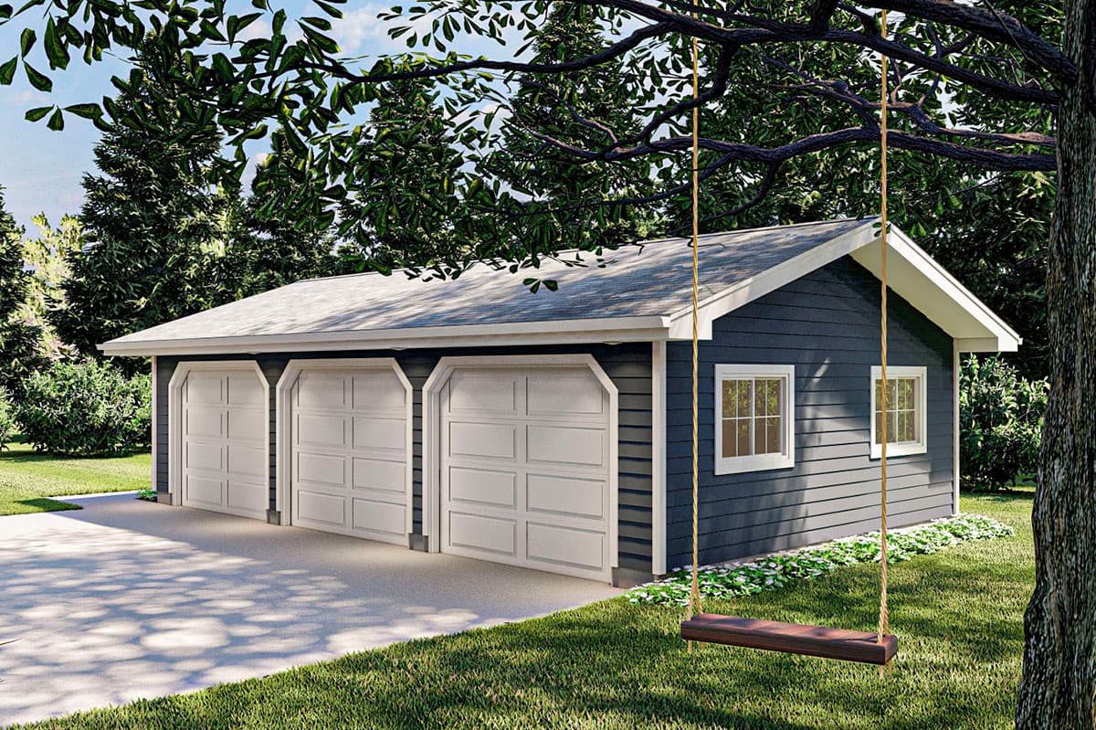 House plan exterior. Features a three-car garage with a gable roof. Includes white garage doors and a blue-gray exterior. A swing hangs from a tree.
