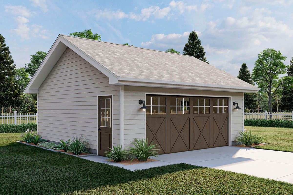 House plan exterior. One-story garage with gable roof. Features include a paneled garage door and a side entry door. Exterior wall lighting.