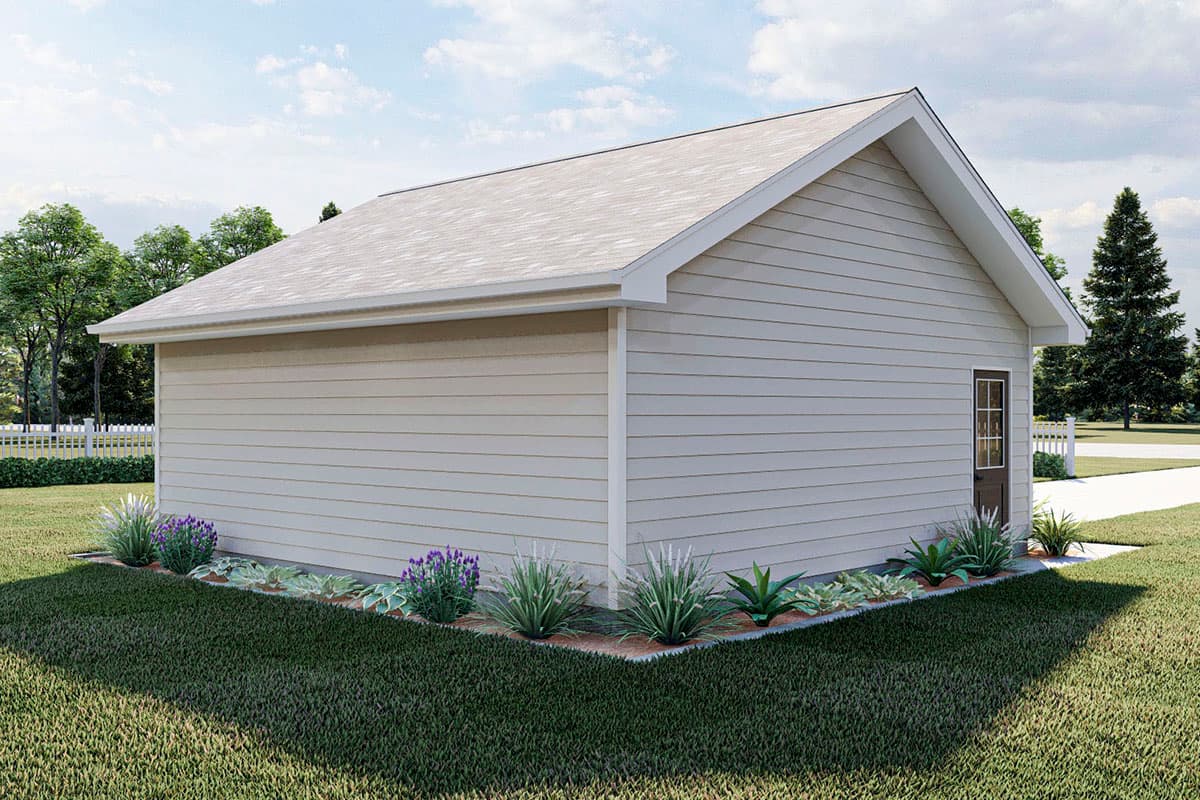 House plan exterior of one-story structure with horizontal siding, gable roof, and a single side door.