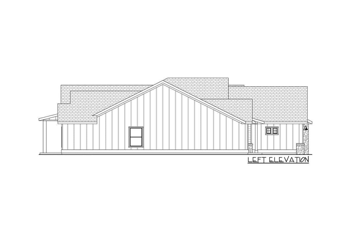 Left elevation drawing of a house plan featuring vertical siding, gable rooflines, a single window, and stone-accented porch columns.