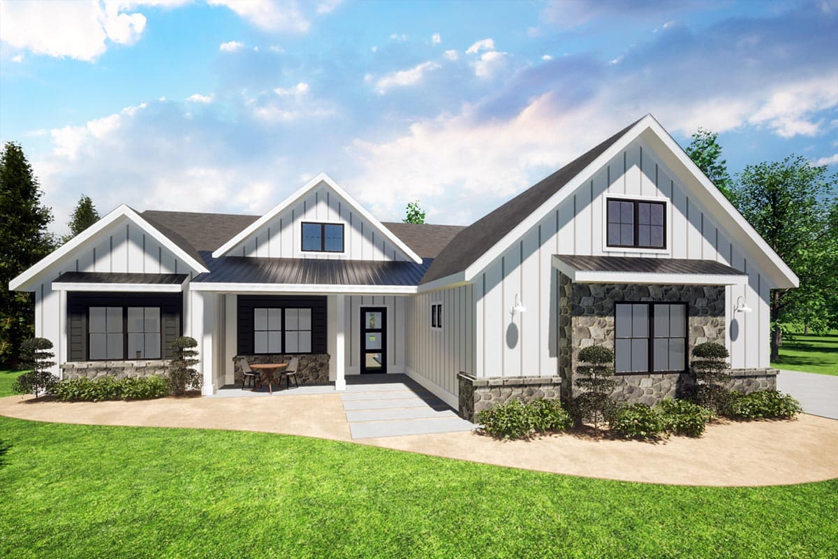 House plan exterior. Modern Farmhouse style with board-and-batten siding, multiple gables, stone accents, and covered porch.