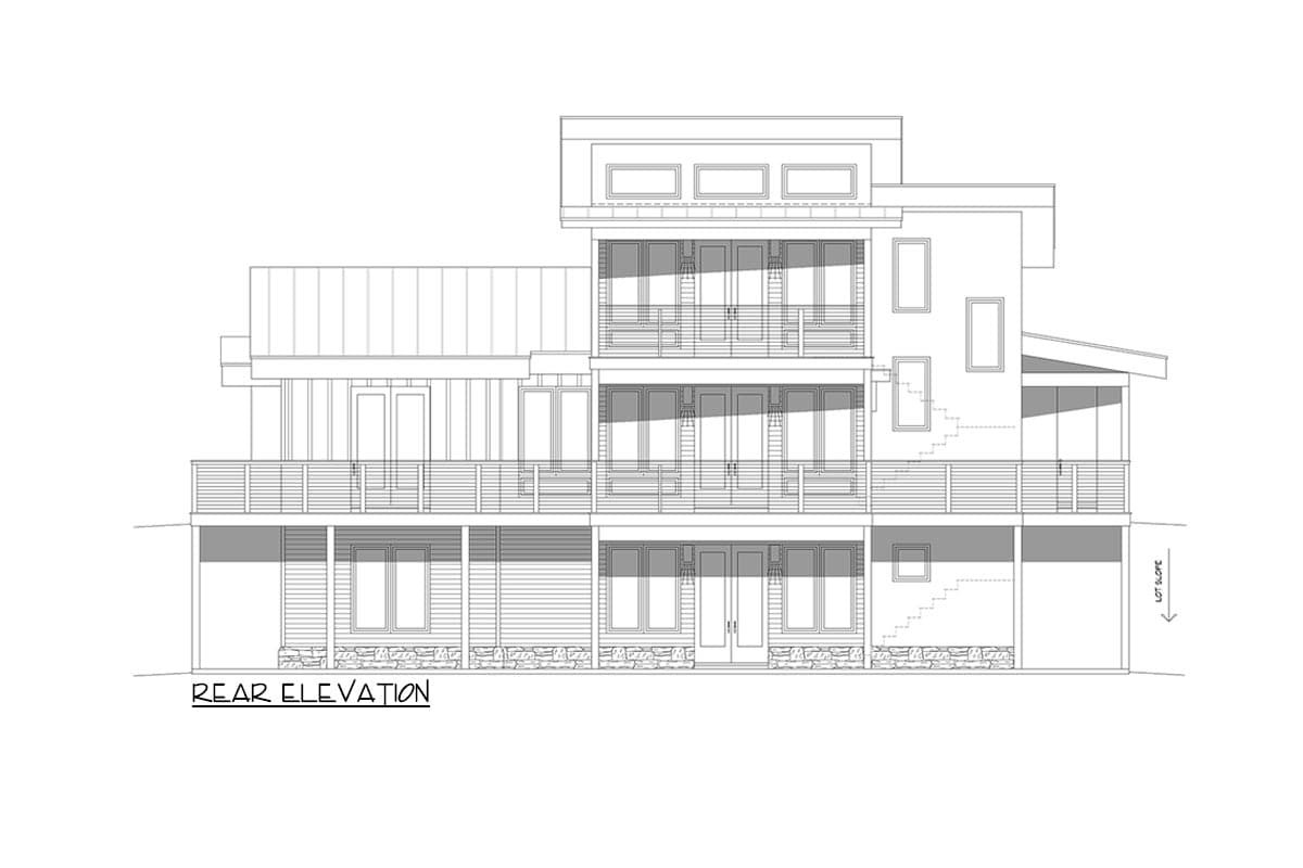 Plan 680011VR: 2120 Square Foot Modern Lake House Plan for a Rear Sloped Lot - Image #6 - Contemporary, Mid Century Modern, Mountain, Northwest