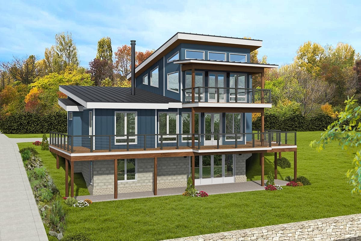 Modern house plan exterior with blue siding, multiple balconies, and a multi-level roofline. Three stories with large windows.
