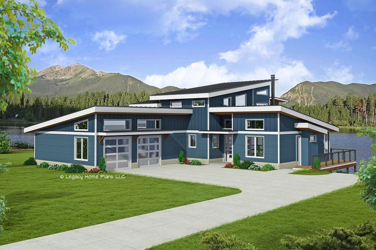 House plan exterior. Modern style with asymmetrical rooflines, clerestory windows, and a detached garage. One-story home with a deck.