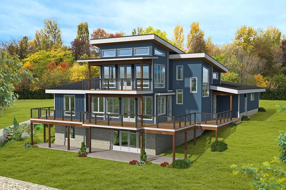 Modern house plan exterior with multiple levels, extensive decks, and asymmetric rooflines.