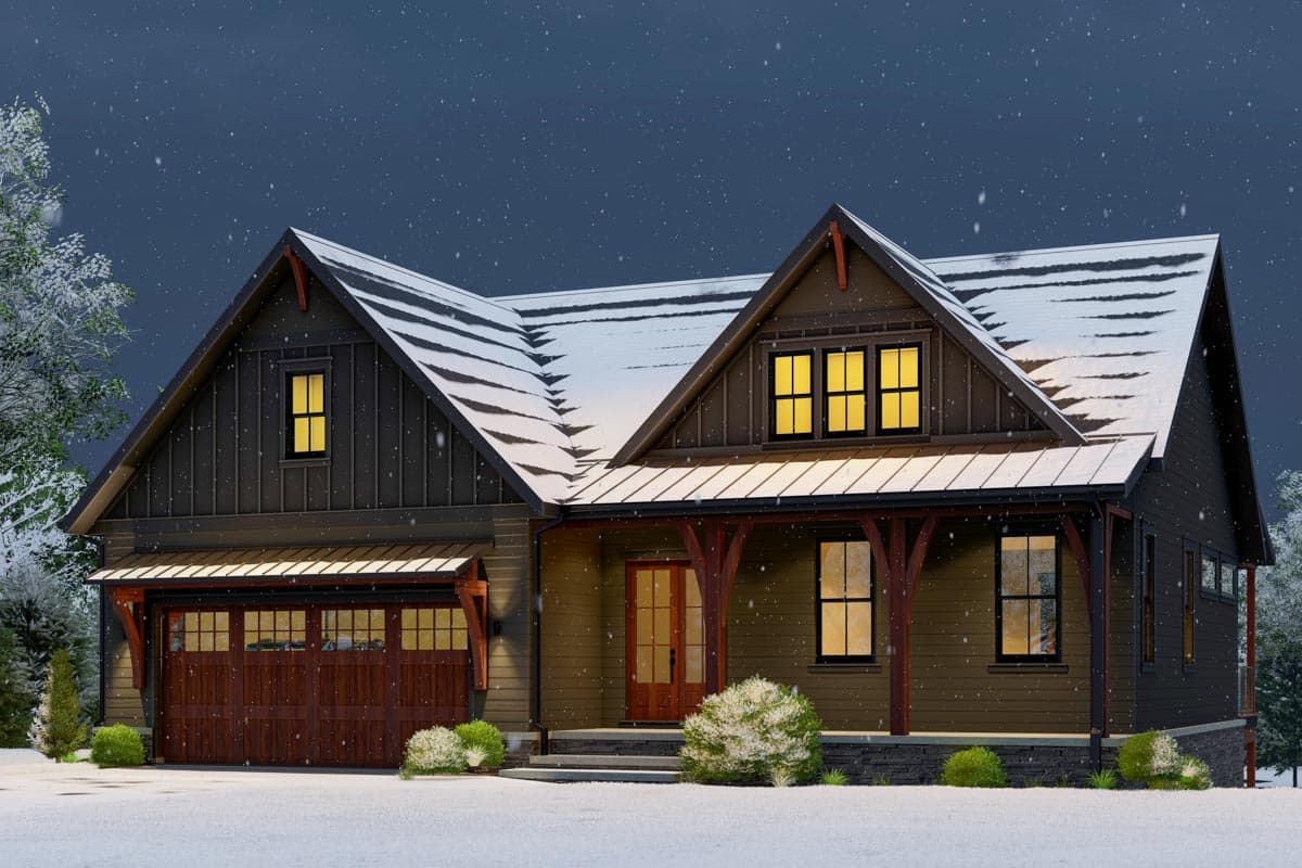 Modern Farmhouse house plan exterior with gables, covered porch with wood columns, and a two-car garage.
