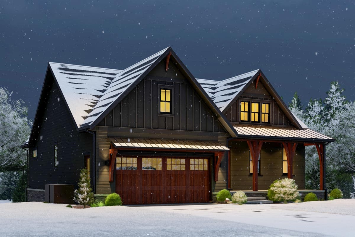 Modern Farmhouse house plan exterior with steep gables, dark siding, wood garage door, and covered porch.