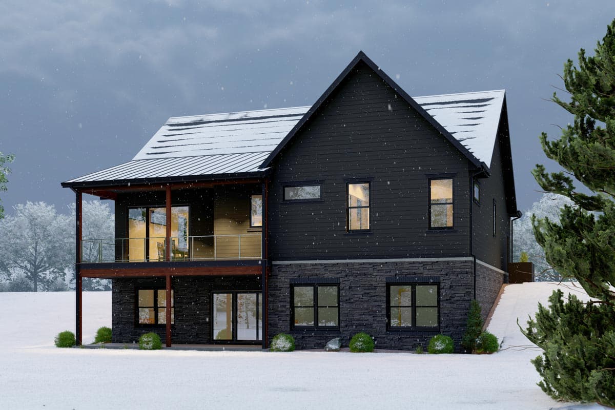Modern house plan exterior with dark horizontal siding, stone lower level, gabled roof, and covered upper balcony.
