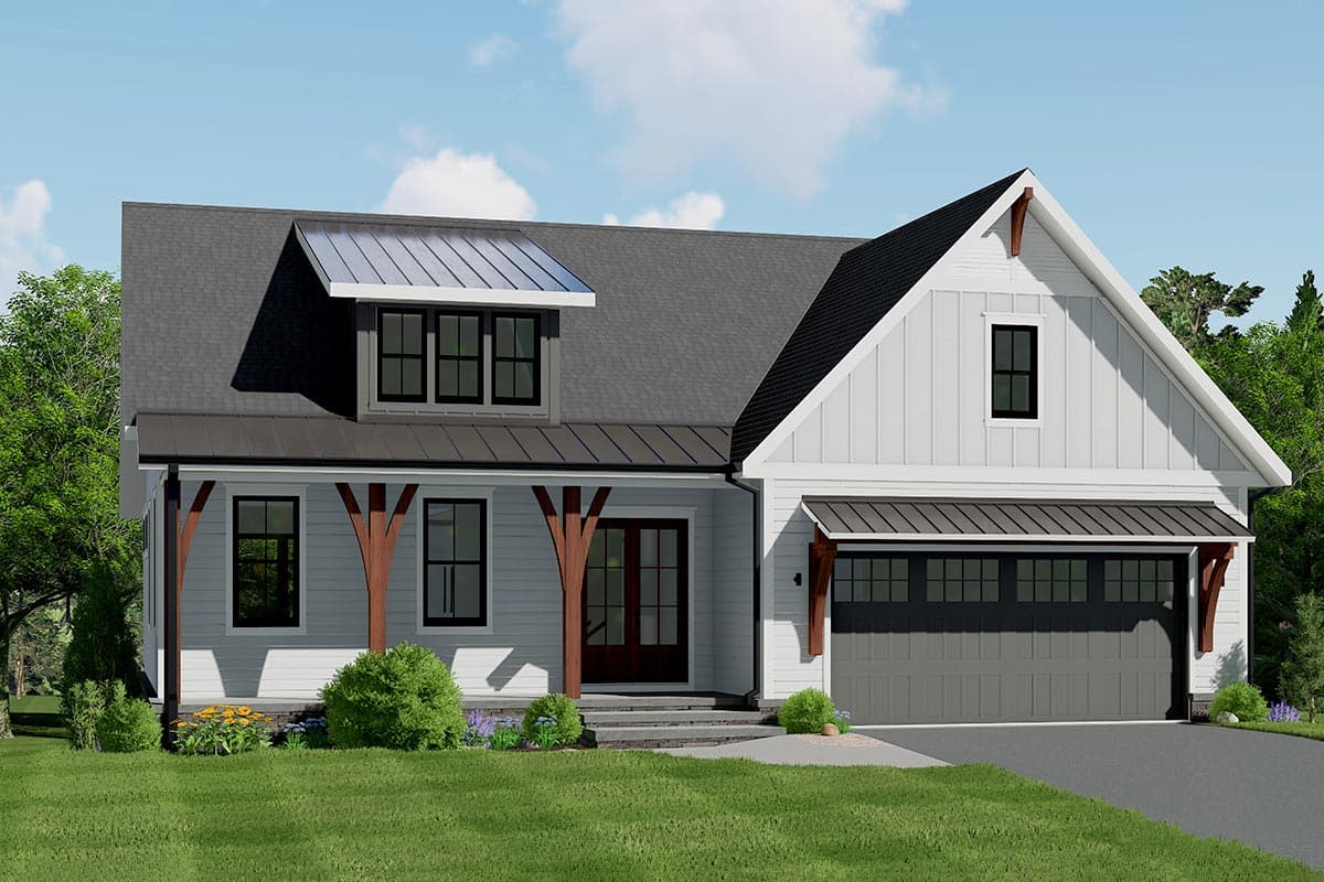 House plan exterior with board and batten siding, Craftsman-style porch with wood supports, shed dormer, and a gable roof with a dormer.