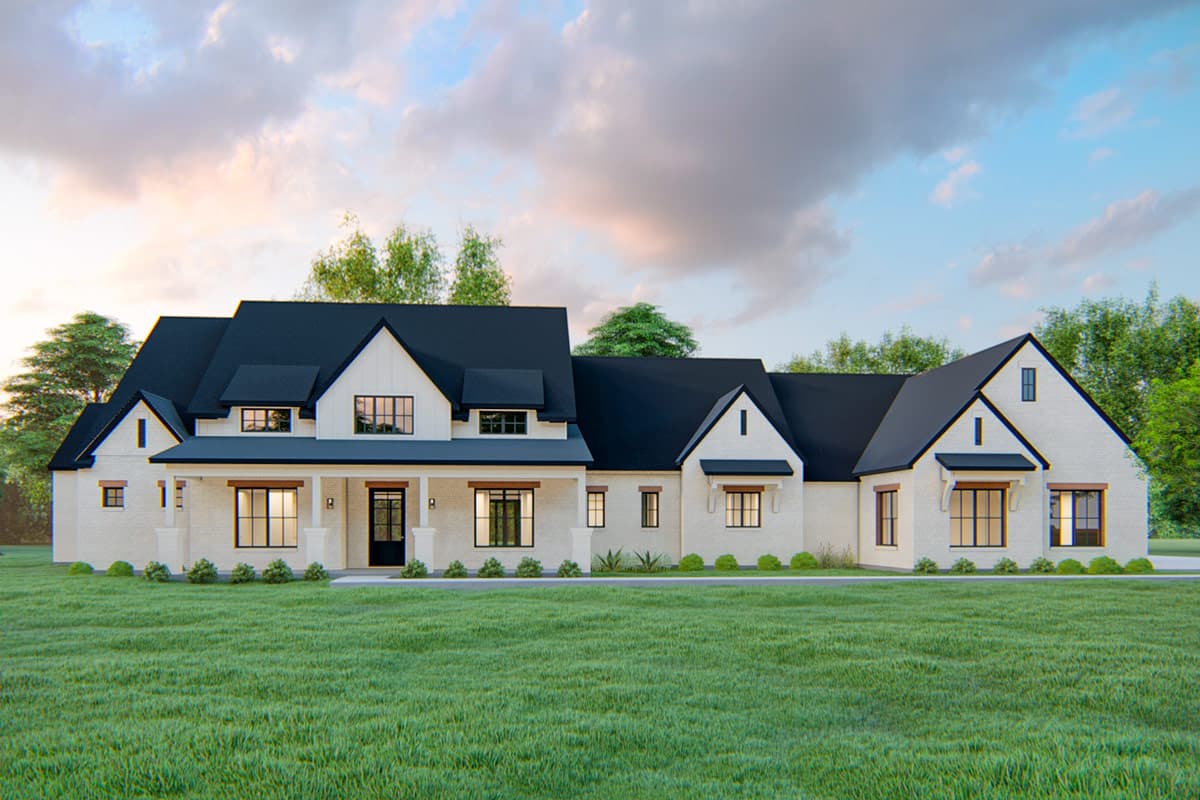 House plan exterior, Modern Farmhouse style, white brick, covered porch, multiple gables, and dark roof.