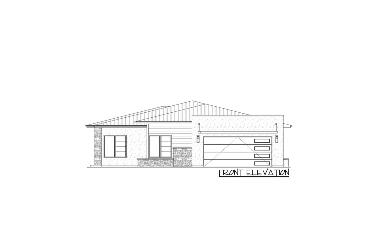 Front elevation house plan with pitched roof, multi-pane windows, stone accents, and a four-panel garage door.