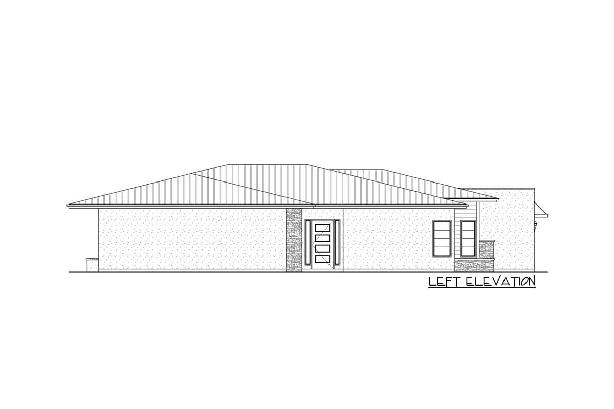 Left elevation drawing of a single-story house plan with a hip roof, front entry with four panels, and two windows.