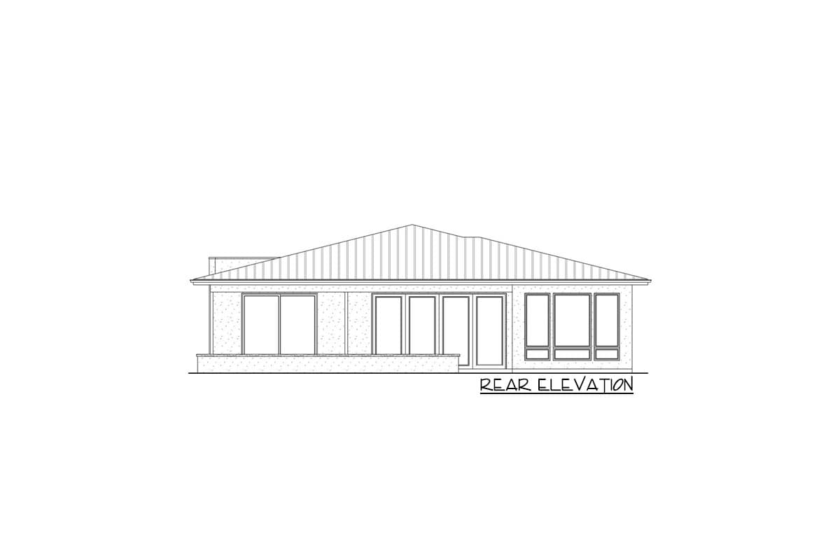 Rear elevation drawing of a single-story house plan with a metal roof, large windows, and sliding glass doors.
