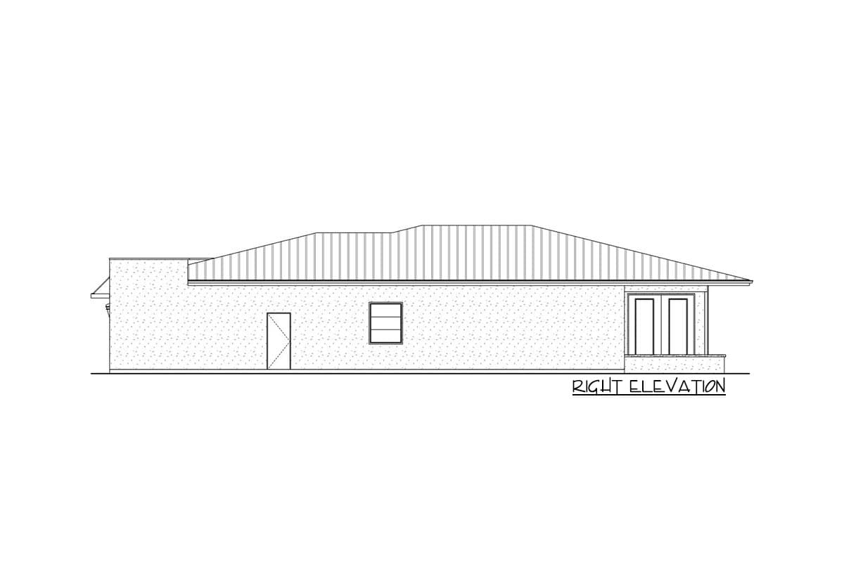 Right elevation drawing of a single-story house plan with a metal roof, one door, and a double window.