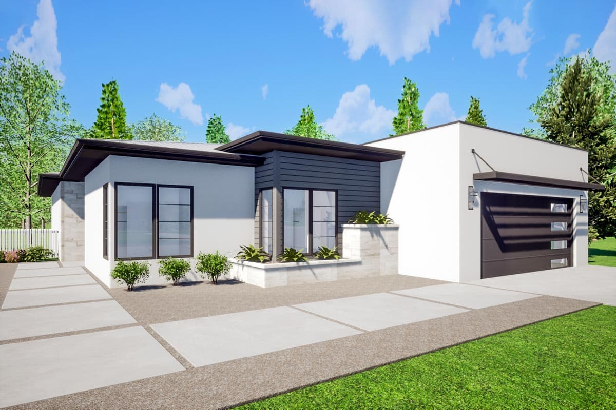 Modern house plan exterior with flat roof, horizontal siding, and attached garage. Includes large windows and a concrete pathway.