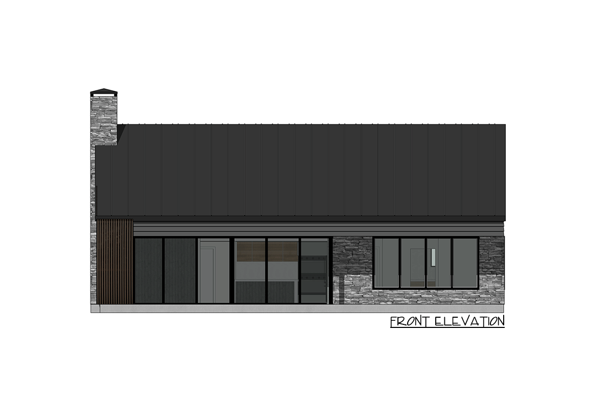 Front elevation of a house plan featuring a metal roof, stone and wood siding, and large windows.